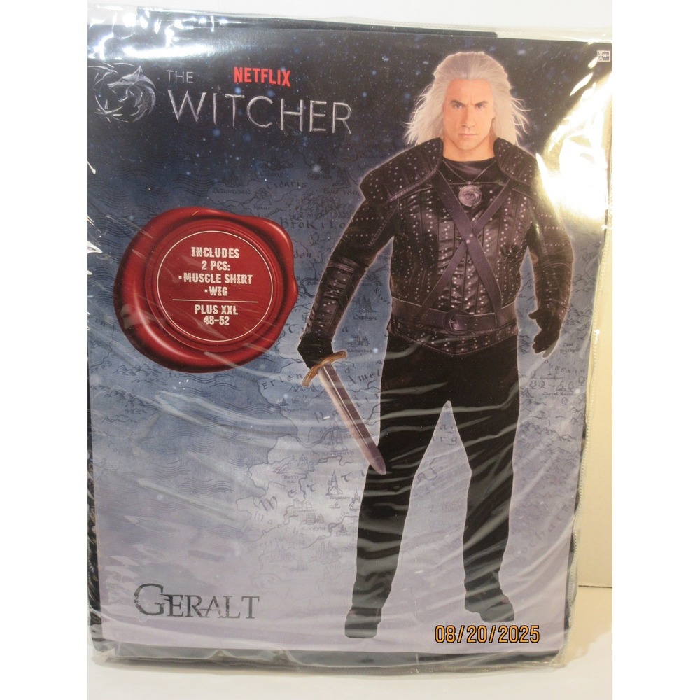 The Witcher Geralt Adult Costume Plus XXL 48-52 / 2 PC Muscle Shirt Wig Netflix